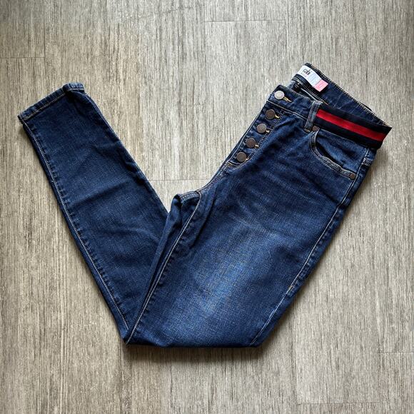 CAbi Dark Wash Mid-Rise Navy/Red Waistband Button Fly Skinny Denim Jeans Size 8 - Picture 1 of 9